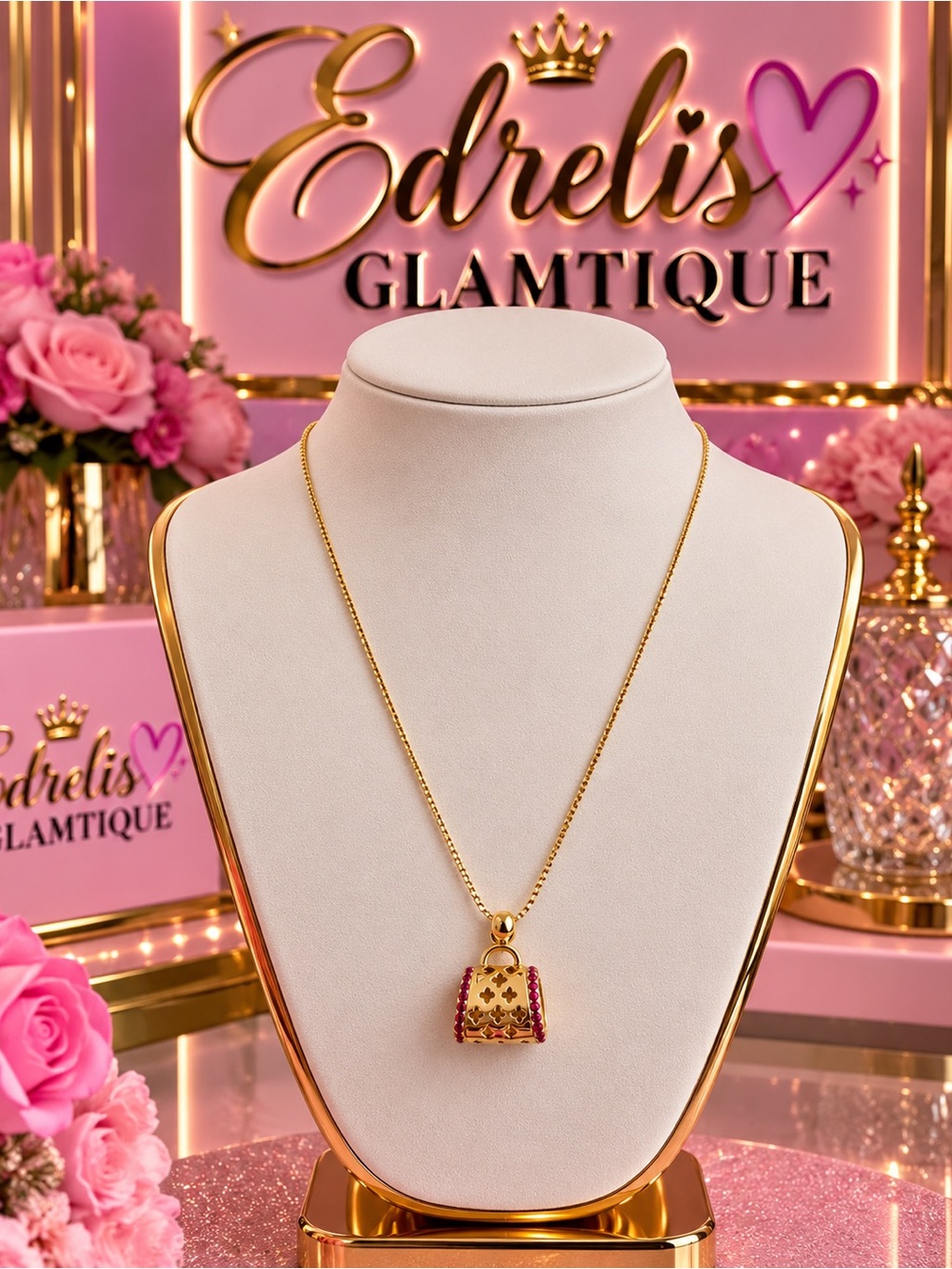 s Gold and Pink Handbag Pendant Necklace